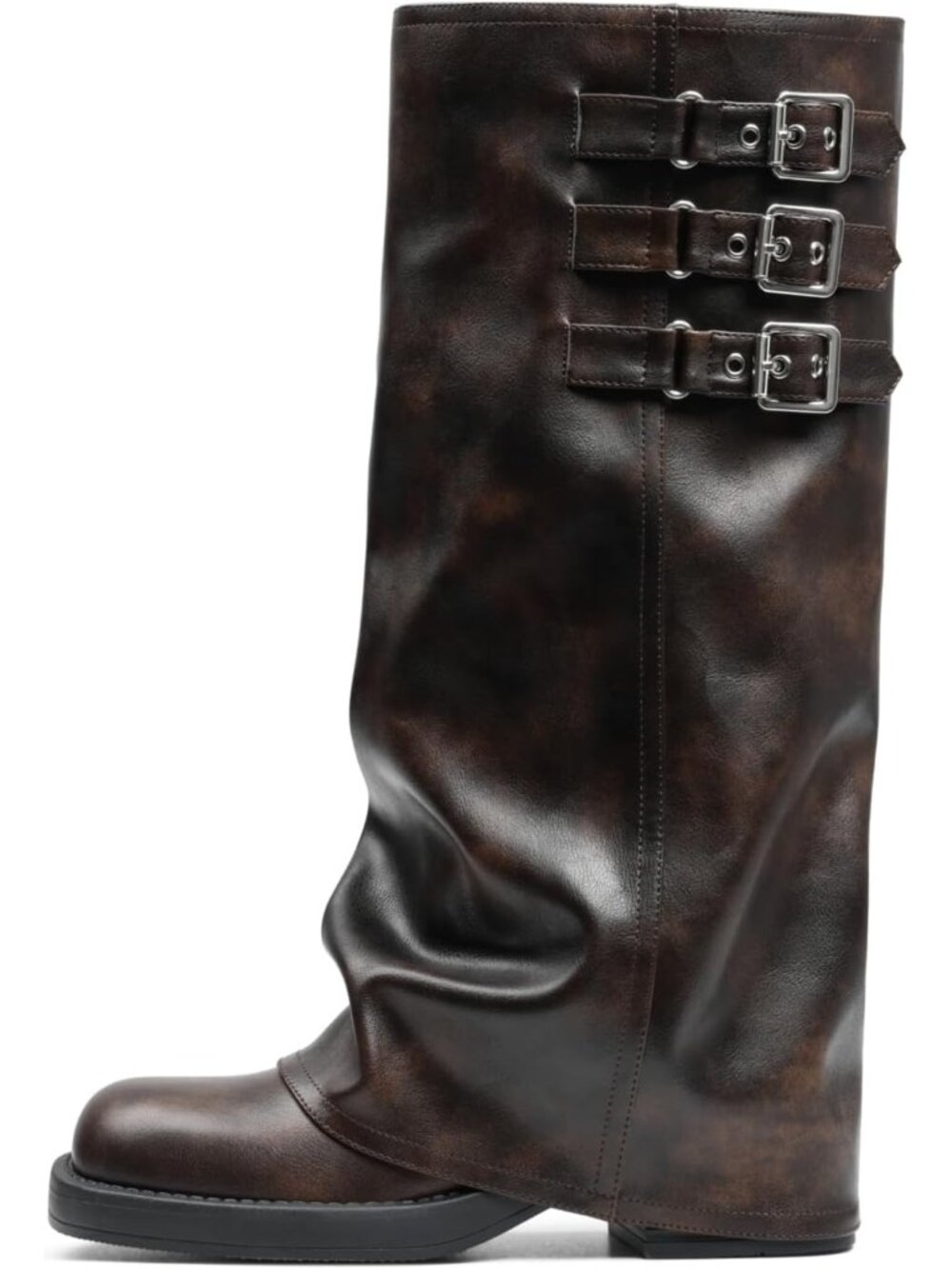 Women's Dark Brown Knee High Boots Platform Square Toe Slouchy Fold Over Boots